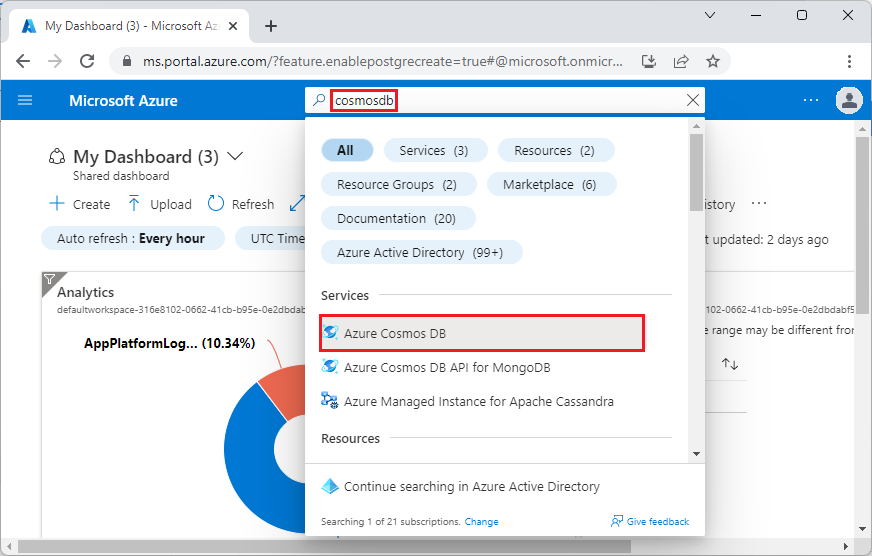 Captura de tela mostrando a busca por cosmosdb.