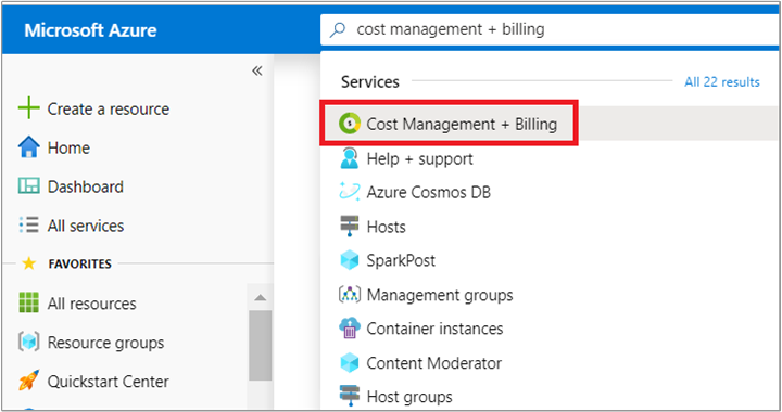 Captura de ecrã que mostra a pesquisa por Cost Management + Faturação no portal do Azure.