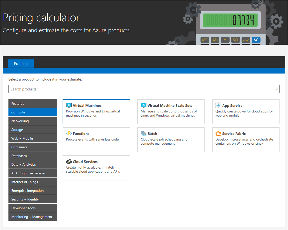 Captura de ecrã do menu da calculadora de preços.