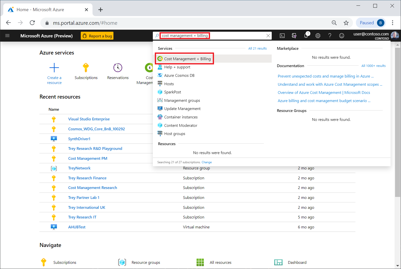 Captura de ecrã a mostrar uma pesquisa no portal do Azure para Gestão de Custos + Faturação.