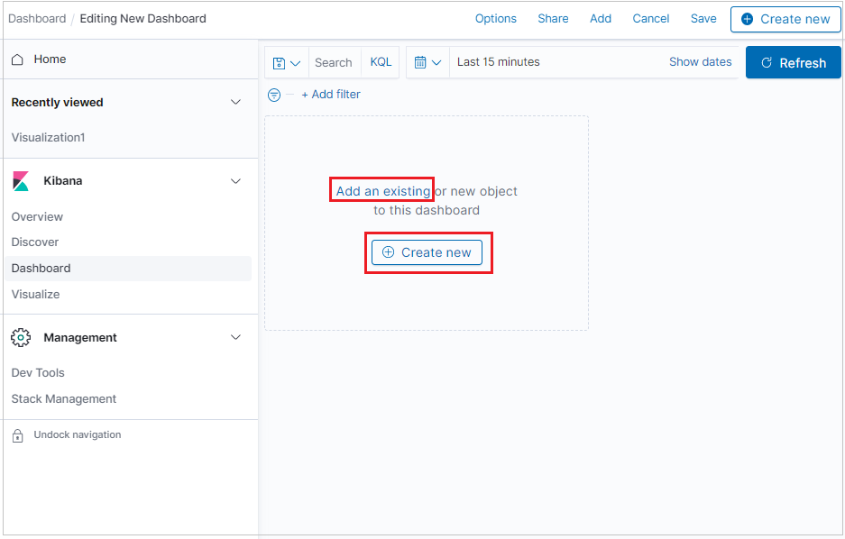 Captura de ecrã a mostrar a adição de uma visualização existente a um dashboard.