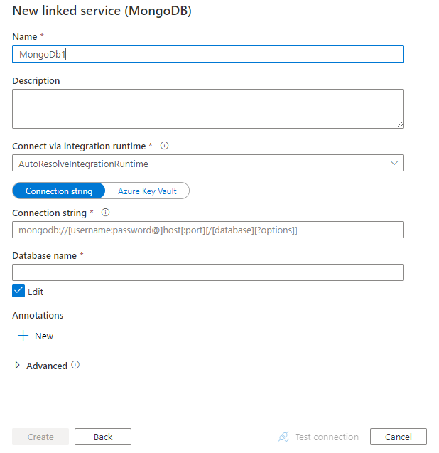 Captura de tela da configuração do serviço vinculado para o MongoDB.