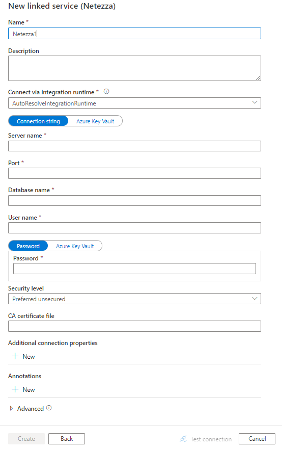 Captura de tela da configuração do serviço vinculado para Netezza.