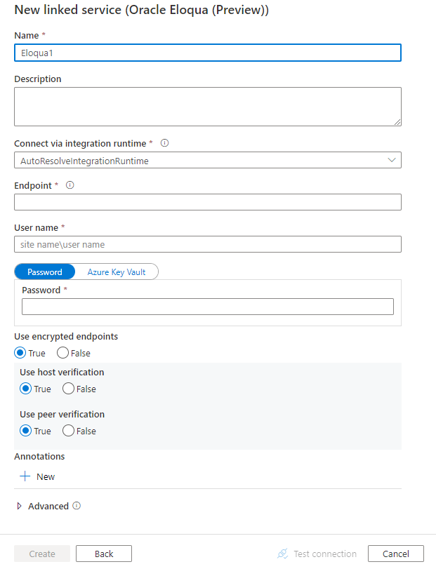 Captura de tela da configuração do serviço vinculado para Oracle Eloqua.