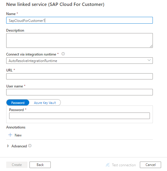 Configure um serviço vinculado ao SAP Cloud for Customer.