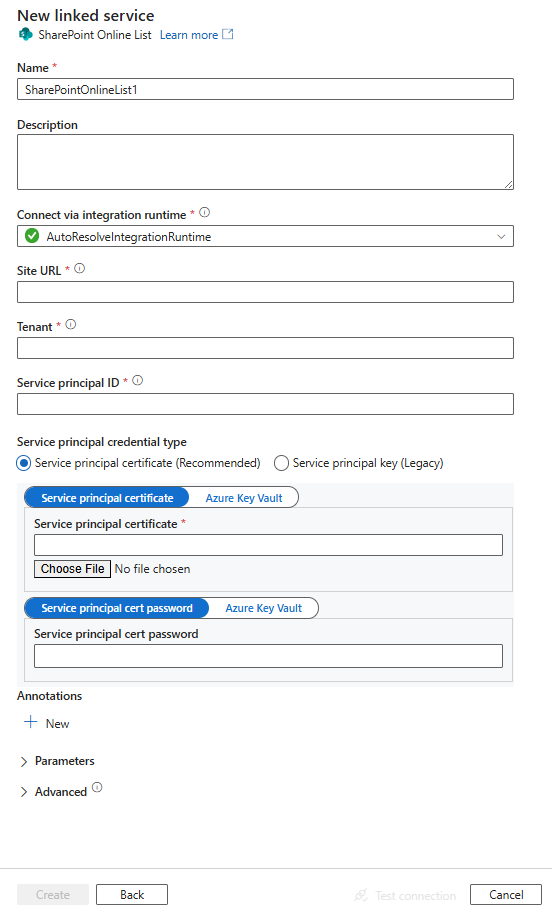 Captura de tela da configuração do serviço vinculado para uma Lista do SharePoint Online.