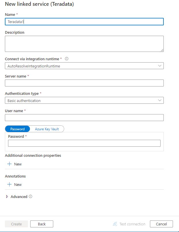 Configure um serviço vinculado ao Teradata.