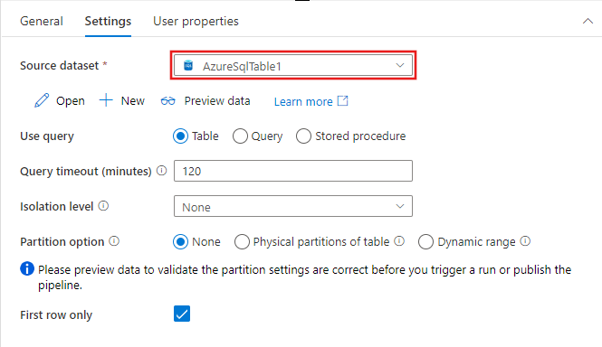 Mostra as opções de configuração na atividade Pesquisa para um conjunto de dados de tabela SQL do Azure.