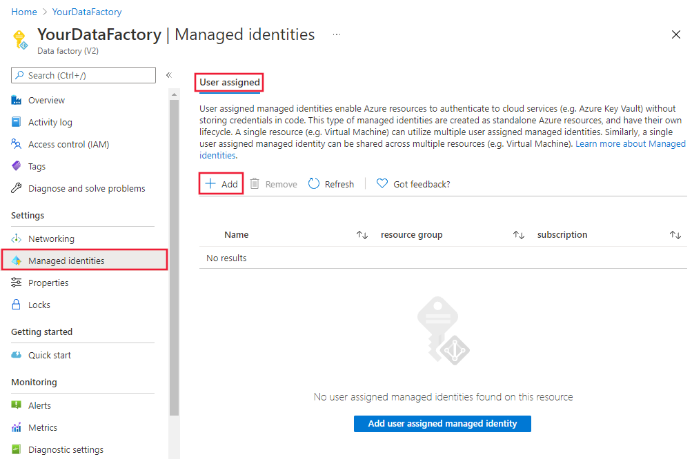 Captura de ecrã a mostrar como utilizar o portal do Azure para associar uma identidade gerida atribuída pelo utilizador.