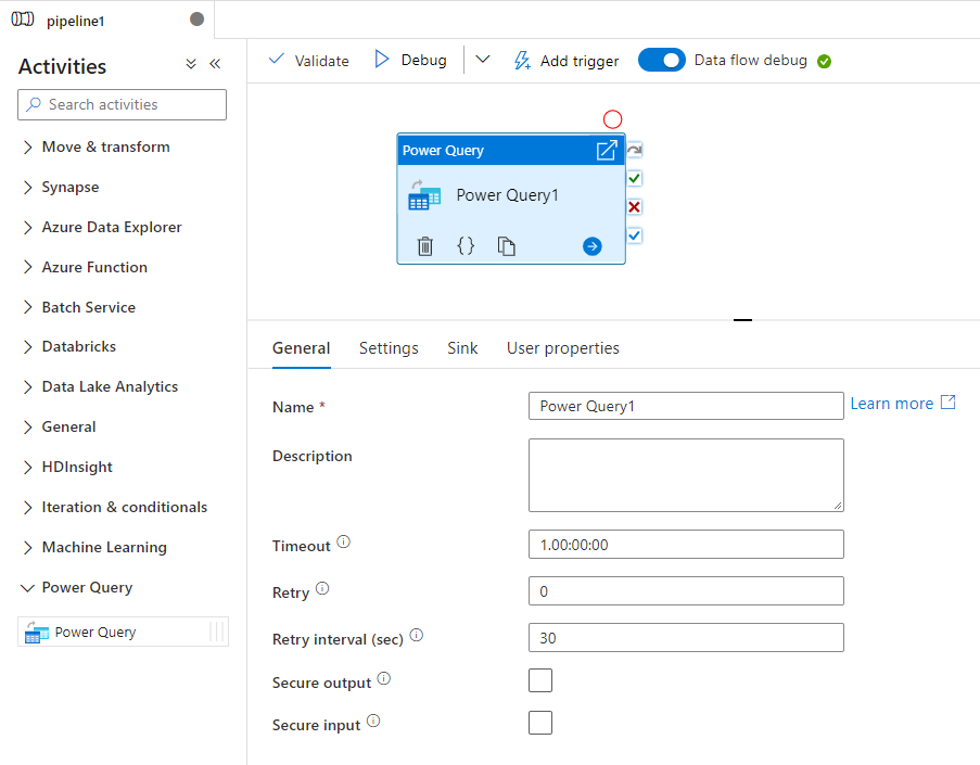 Diagram that shows the General tab of the Power Query activity.