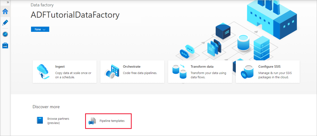 Captura de ecrã a mostrar como abrir a galeria de modelos a partir da página inicial do Data Factory.