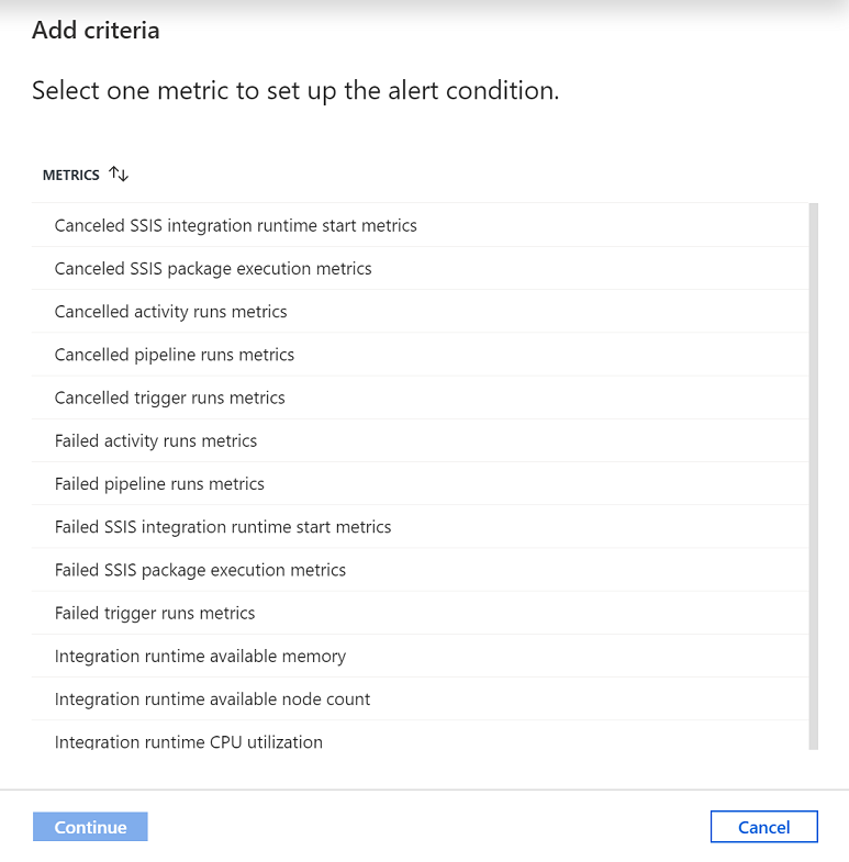 Captura de tela que mostra onde você seleciona uma métrica para configurar a condição de alerta.