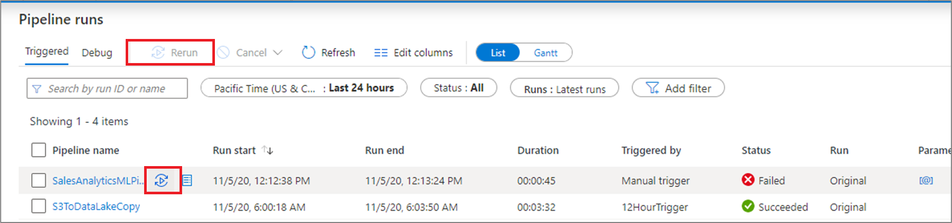 Captura de tela de executar novamente um pipeline.