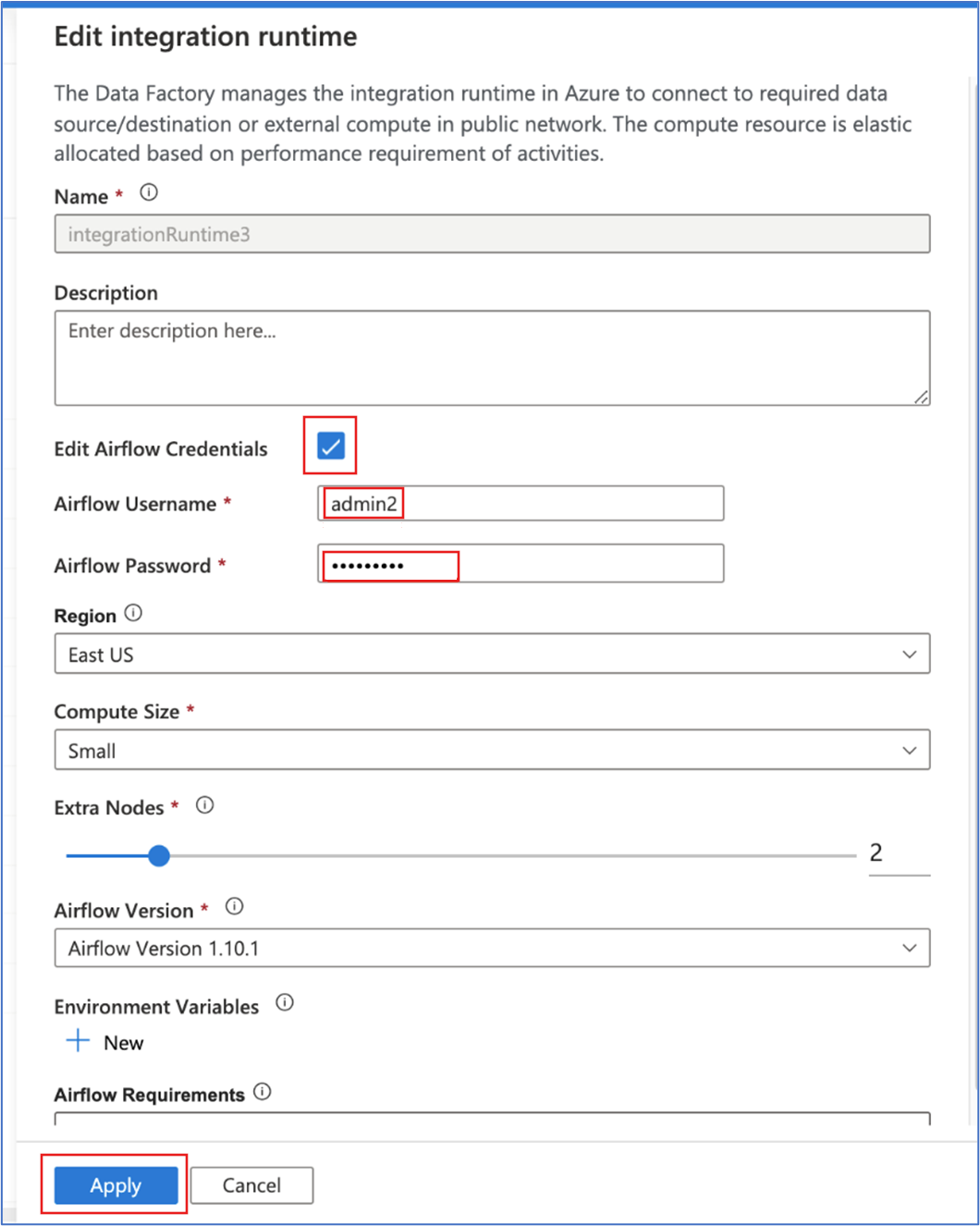 Captura de tela mostrando como alterar uma senha do Airflow nas configurações de tempo de execução de integração.