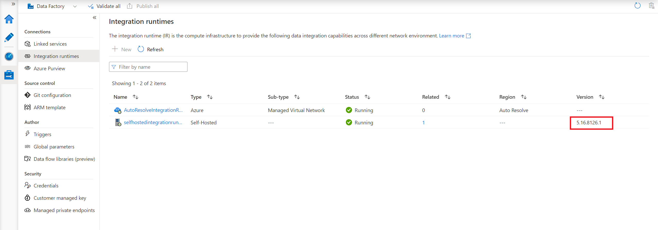 Captura de ecrã que mostra a versão no portal do Azure data factory.