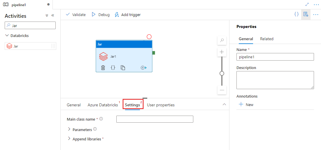 Mostra a interface do usuário da guia Configurações para uma atividade Jar.