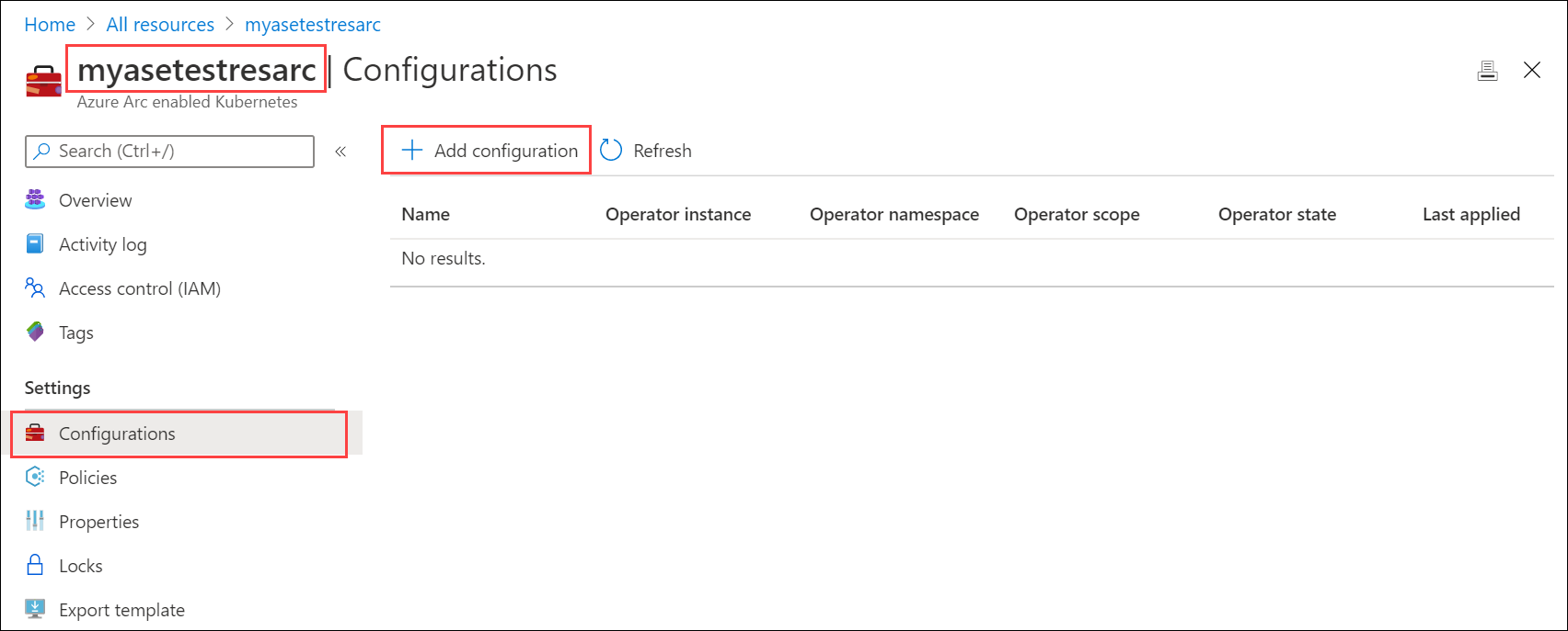 A captura de tela mostra o cluster Kubernetes habilitado para Azure Arc com Adicionar configuração selecionada.