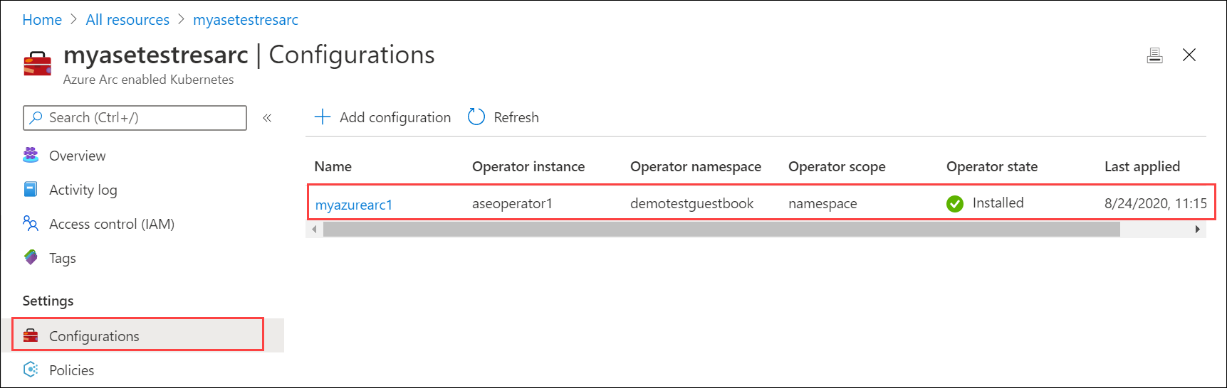 A captura de tela mostra o cluster Kubernetes habilitado para Azure Arc em um estado instalado.