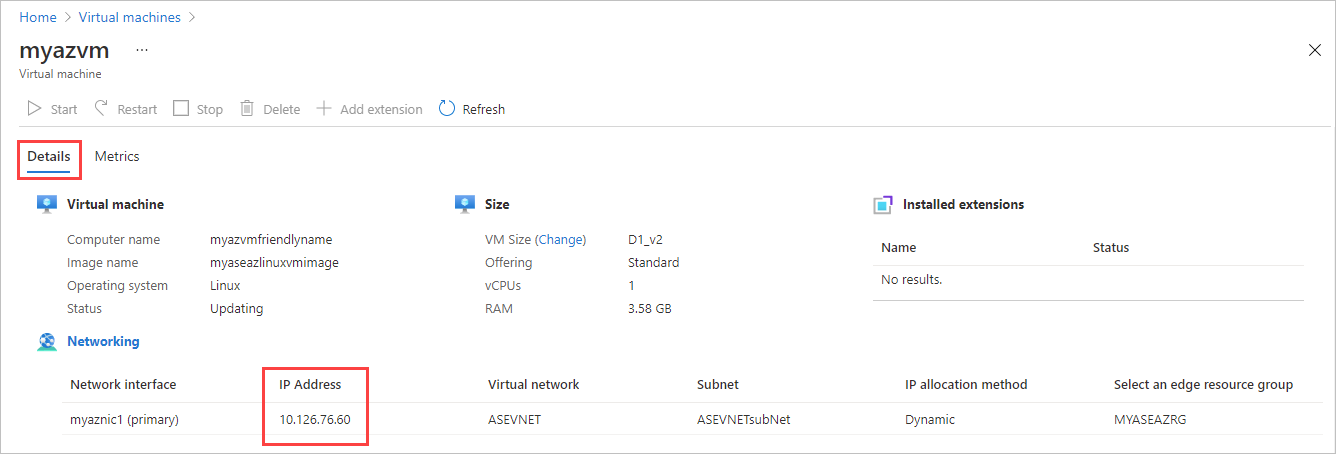 Captura de tela do painel Detalhes de uma máquina virtual do Azure Stack Edge. O Endereço IP, em Rede, é realçado.