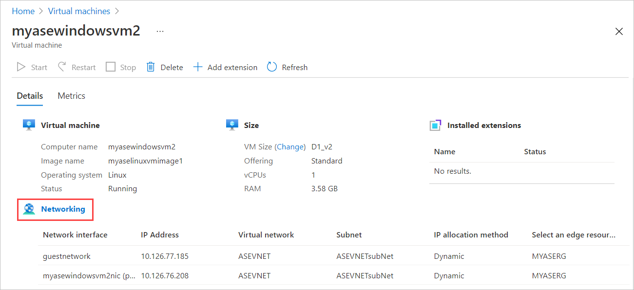 Captura de ecrã a mostrar o separador Detalhes de uma máquina virtual. O rótulo Rede, que abre a folha Rede para a VM, é realçado.