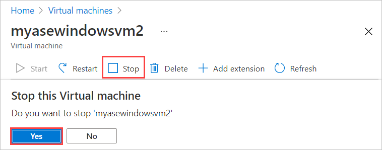 Captura de tela mostrando o prompt de confirmação para parar uma máquina virtual no Azure Stack Edge.