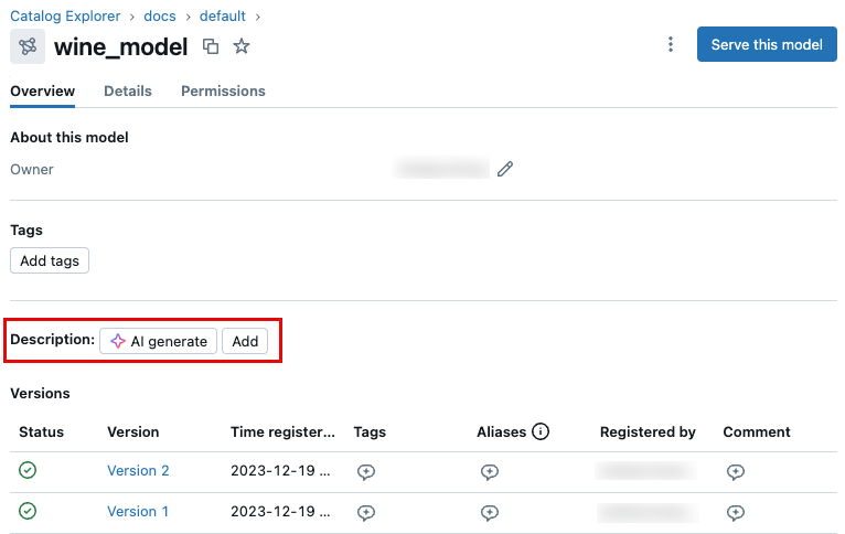 Botões de descrição do modelo UC