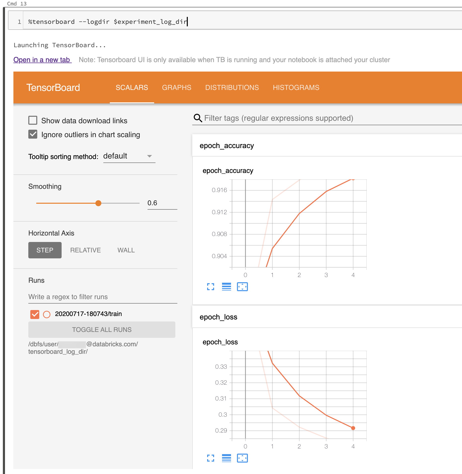 Interface do usuário do TensorBoard iniciada no diretório de log preenchido