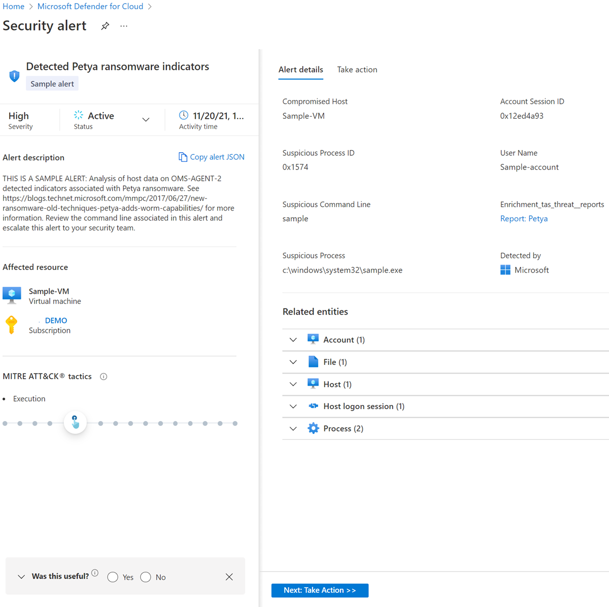 Captura de ecrã que mostra os detalhes de um alerta e o botão Abrir Vista de Alerta.