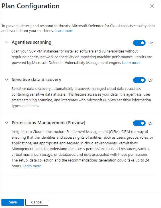 Captura de tela que mostra alternâncias para o Defender CSPM.