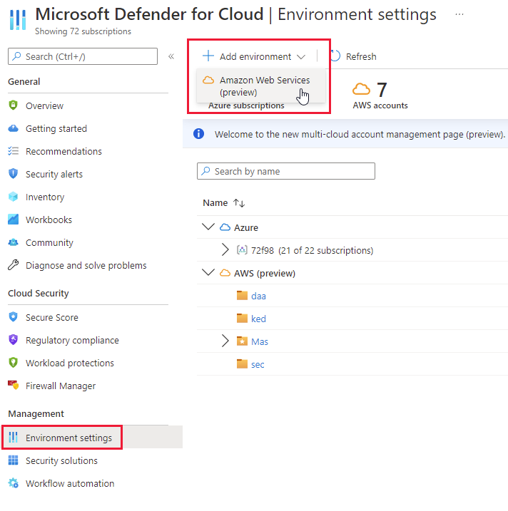 Use a nova página de configurações de ambiente para conectar suas contas da AWS.