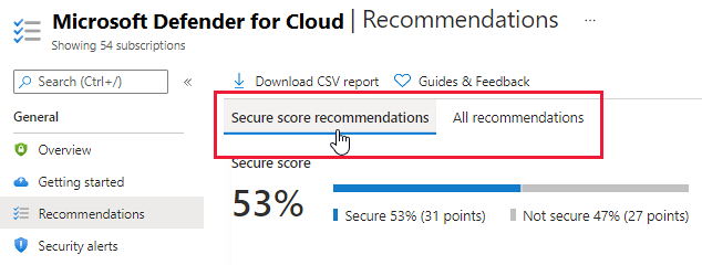 Separadores para alterar a vista da lista de recomendações no Centro de Segurança do Azure.