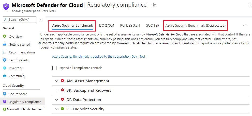 Painel de conformidade regulatória da Central de Segurança do Azure mostrando o Benchmark de Segurança do Azure