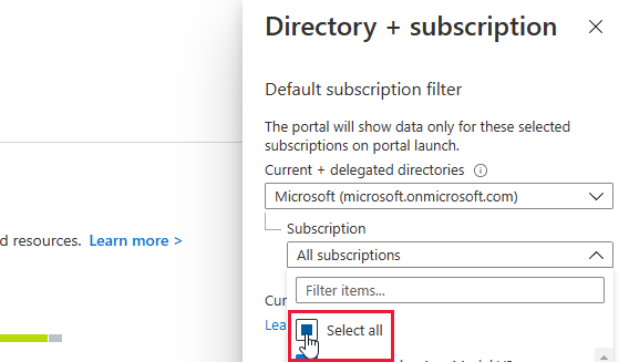 Filtrar subscrições no portal do Azure.