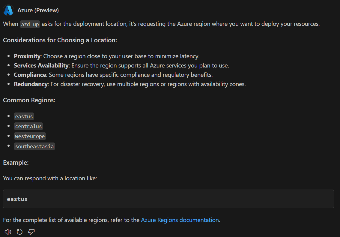 Captura de tela que mostra uma resposta do GitHub Copilot para Azure com uma resposta que descreve quais são os locais do Azure e como escolher um.