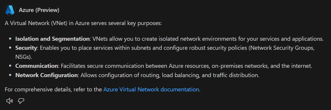 Captura de tela que mostra uma resposta do GitHub Copilot para Azure com uma explicação do que é uma rede virtual.