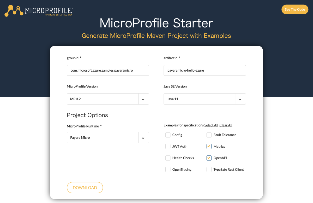 Captura de tela mostrando o MicroProfile Starter com Payara Micro runtime selecionado.