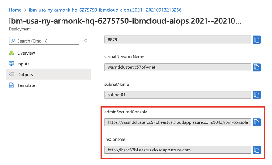 Captura de ecrã da página Saídas de Implementação do cluster do portal do Azure com os campos adminSecuredConsole e ihsConsole realçados.