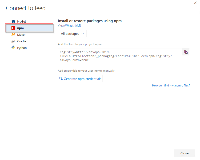 Uma captura de tela que mostra como se conectar ao seu feed no Azure DevOps Server 2019.