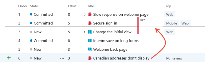 Captura de ecrã de itens de trabalho reordenados.