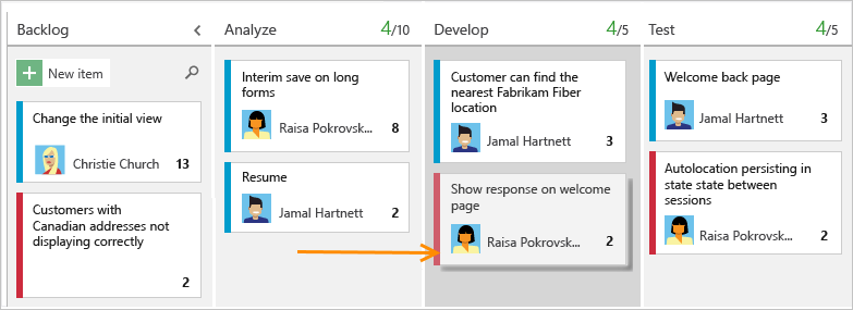 Captura de tela que mostra um quadro que usa um modelo Agile para atualizar o status de um item de trabalho.