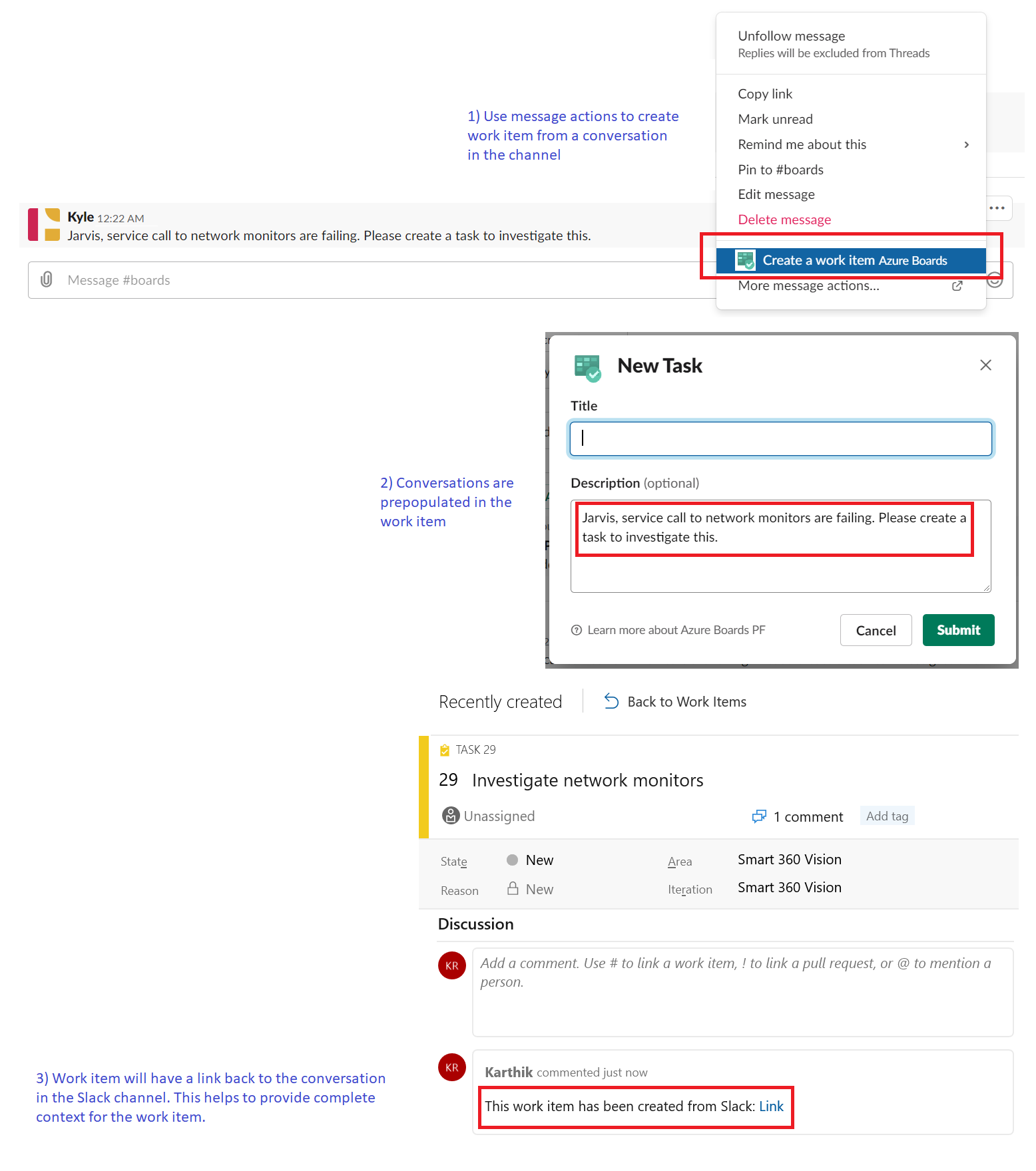 Criar item de trabalho com a ação de mensagem