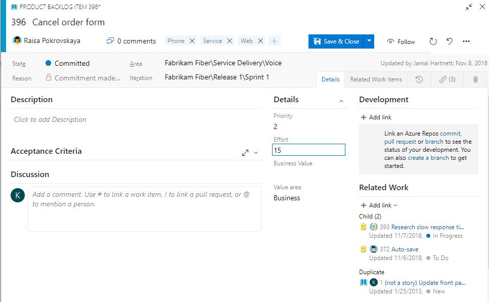 Captura de tela que mostra a adição de detalhes ao formulário de item de trabalho da lista de pendências do Produto Scrum.