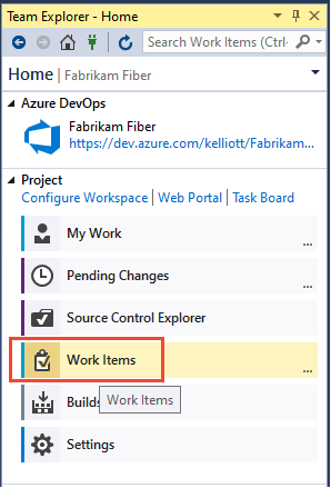 Captura de tela da página inicial do Team Explorer, escolha Itens de Trabalho.