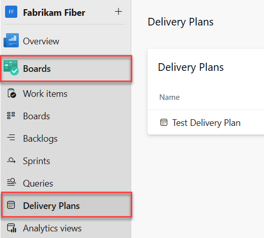 Captura de ecrã da área Planos de Entrega nos Painéis do Azure.