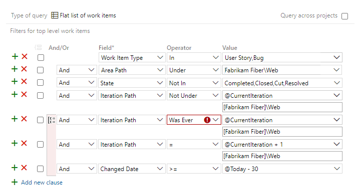 Captura de tela que mostra os itens de trabalho do Editor de Consultas movidos para fora de um sprint.