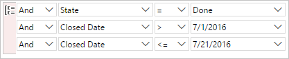 Captura de tela que mostra a cláusula do Editor de Consultas para localizar itens fechados dentro de um período de tempo especificado.