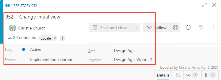 Captura de tela de campos comuns no formulário de item de trabalho para todos os tipos de item de trabalho.