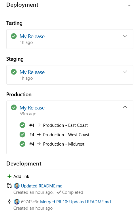 Work item form, Deployment control, Release Settings Stages.