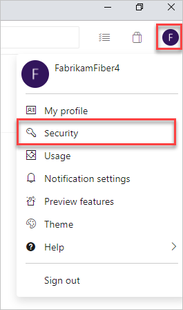 Selecione no menu suspenso do seu perfil, Segurança