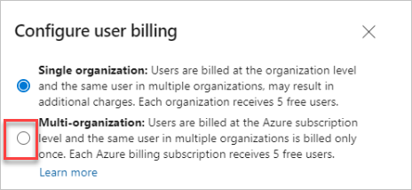 Captura de ecrã a mostrar Multi-organização selecionada no ecrã Configurar faturação do utilizador.